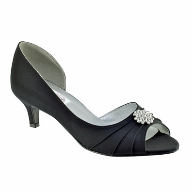 black satin low heel evening shoes